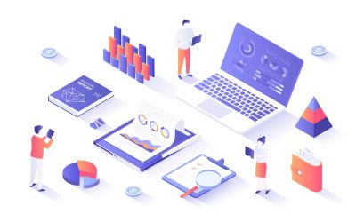 Financial report. Analytics, analysis, audit, results, research. Documents, reports, graphs and charts. Isometry illustration with people scene for web graphic.