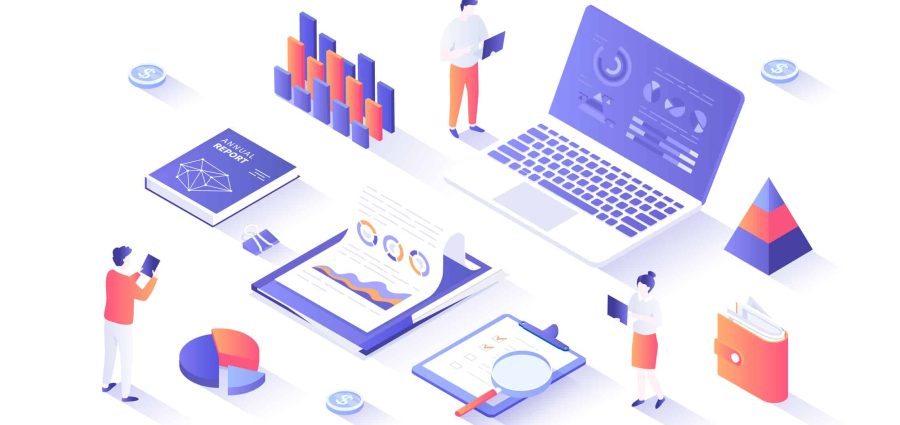 Financial report. Analytics, analysis, audit, results, research. Documents, reports, graphs and charts. Isometry illustration with people scene for web graphic.