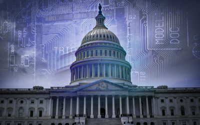 The United States Capitol with digital circuitry in the background. Ai regulation and technology