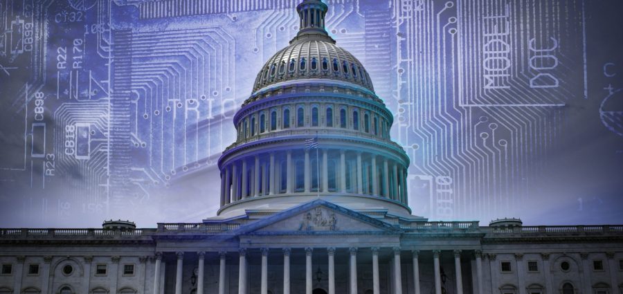 The United States Capitol with digital circuitry in the background. Ai regulation and technology