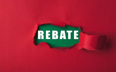 A red background with a green border and the word REBATE written in white. The image has a sense of mystery and intrigue