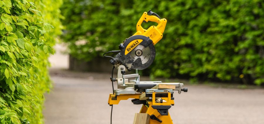 Gothenburg, Sweden - May 10 2024: DeWalt miter saw on a stand.
