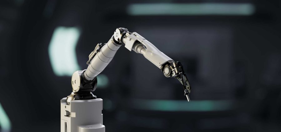 Close-up at a robotic arm's thin metal grip at its end, designed in black and white, featuring a high-precision mechanism
