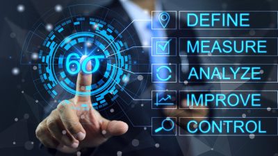 6 sigma concept define measure analyze improve control DMAIC Industrial innovation technology quality control business Business man pointing 6sigma to control products quality on production process