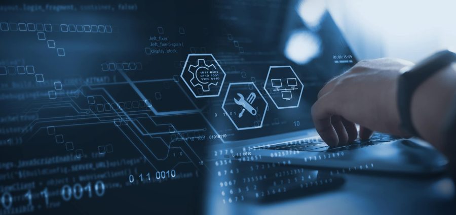 IT support, customer service concept. Computer engineer, technician coding on laptop computer connection with big data storage as backgrounds, digital technology, database, data management