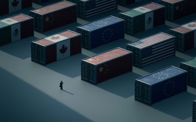 A conceptual illustration of trade tariffs, depicting shipping containers covered in flags from U.S, European Union, Canada, China, and Mexico. The image conveys themes of supply chain disruptions, trade policies, and global commerce challenges. 3D render