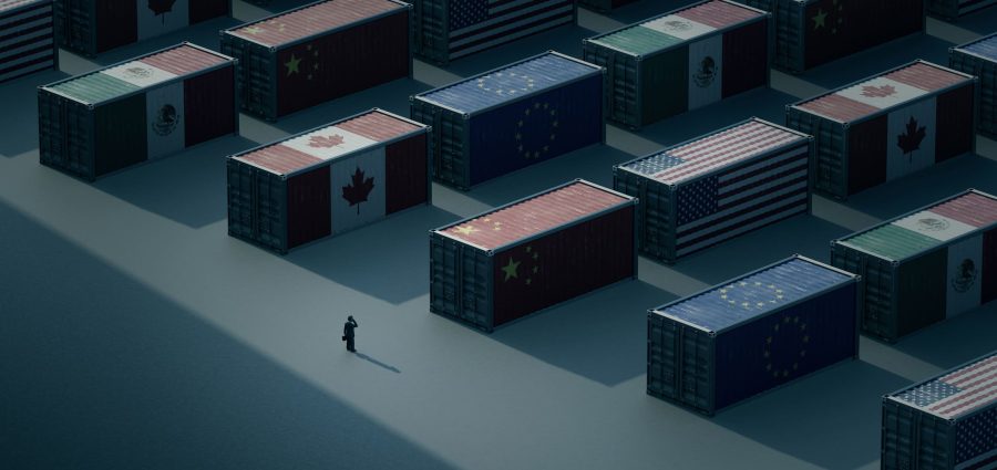 A conceptual illustration of trade tariffs, depicting shipping containers covered in flags from U.S, European Union, Canada, China, and Mexico. The image conveys themes of supply chain disruptions, trade policies, and global commerce challenges. 3D render