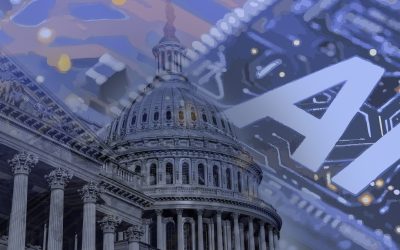 Photo of the United States Capitol with overlayed computer circuitry.  The regulation of ai will be important in the changing world