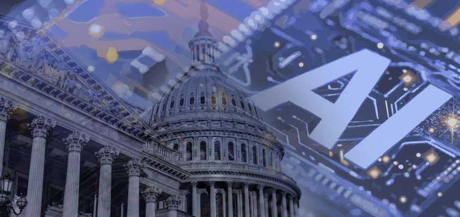Photo of the United States Capitol with overlayed computer circuitry.  The regulation of ai will be important in the changing world