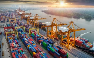 Logistics and transportation of Container Cargo ship and Cargo plane with working crane bridge in shipyard at sunrise, logistic import export and transport industry background