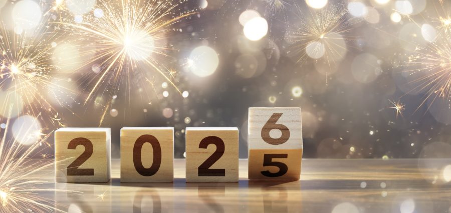 Happy New Year - Wooden Blocks And Gold Fireworks  With Abstract Bokeh Lights