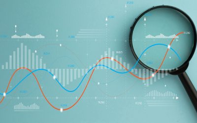 Magnifying glass over digital data graph and charts. Business analytics, financial market research, and statistics concept. Stock market, investment, and data audit.