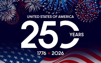 American 250 background with fireworks and American flag border, USA 250th anniversary celebration card, US Independence Day poster with typography text, 4th of July 2026 banner