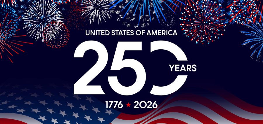 American 250 background with fireworks and American flag border, USA 250th anniversary celebration card, US Independence Day poster with typography text, 4th of July 2026 banner