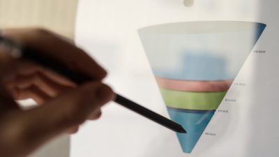 Male hand pointing with a pencil at a sales funnel chart or sales pipeline during a business meeting in office. Concept of marketing strategy