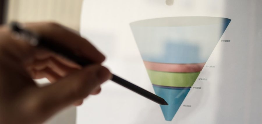 Male hand pointing with a pencil at a sales funnel chart or sales pipeline during a business meeting in office. Concept of marketing strategy