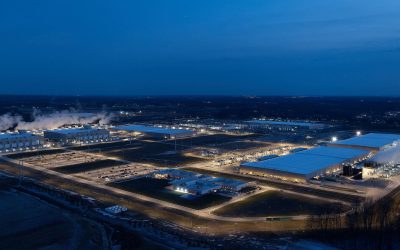 This image in Central Ohio captures Google's entire New Albany data center campus at dusk. The three buildings at left are all operational data centers. (Source: Google)