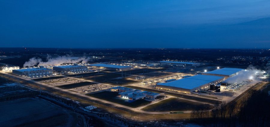 This image in Central Ohio captures Google's entire New Albany data center campus at dusk. The three buildings at left are all operational data centers. (Source: Google)
