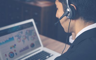 Young man calling with headset. Online lesson. Customer support