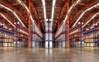 Warehouse industrial and logistics companies. Commercial warehouse. Huge distribution warehouse with high shelves. Bottom view.